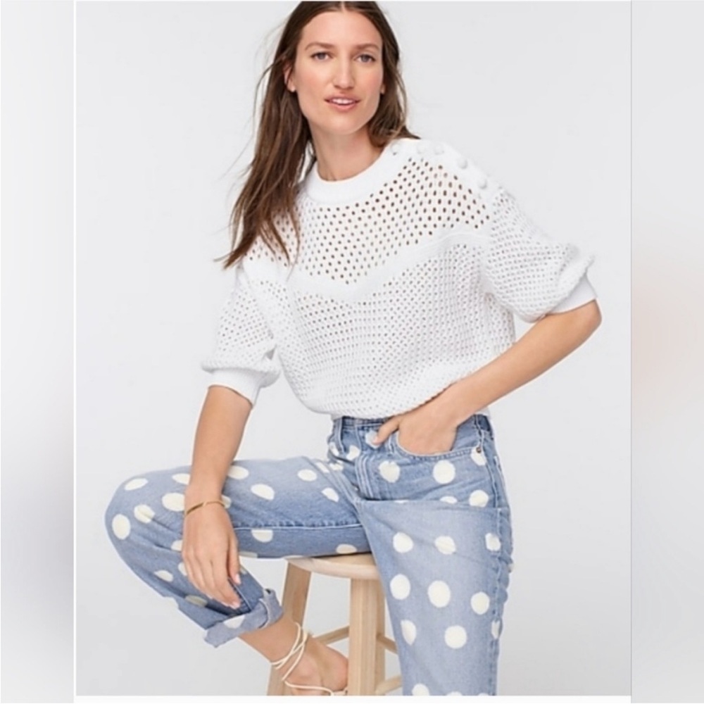J. Crew White Open-Knit Button-Shoulder Crewneck Sweater